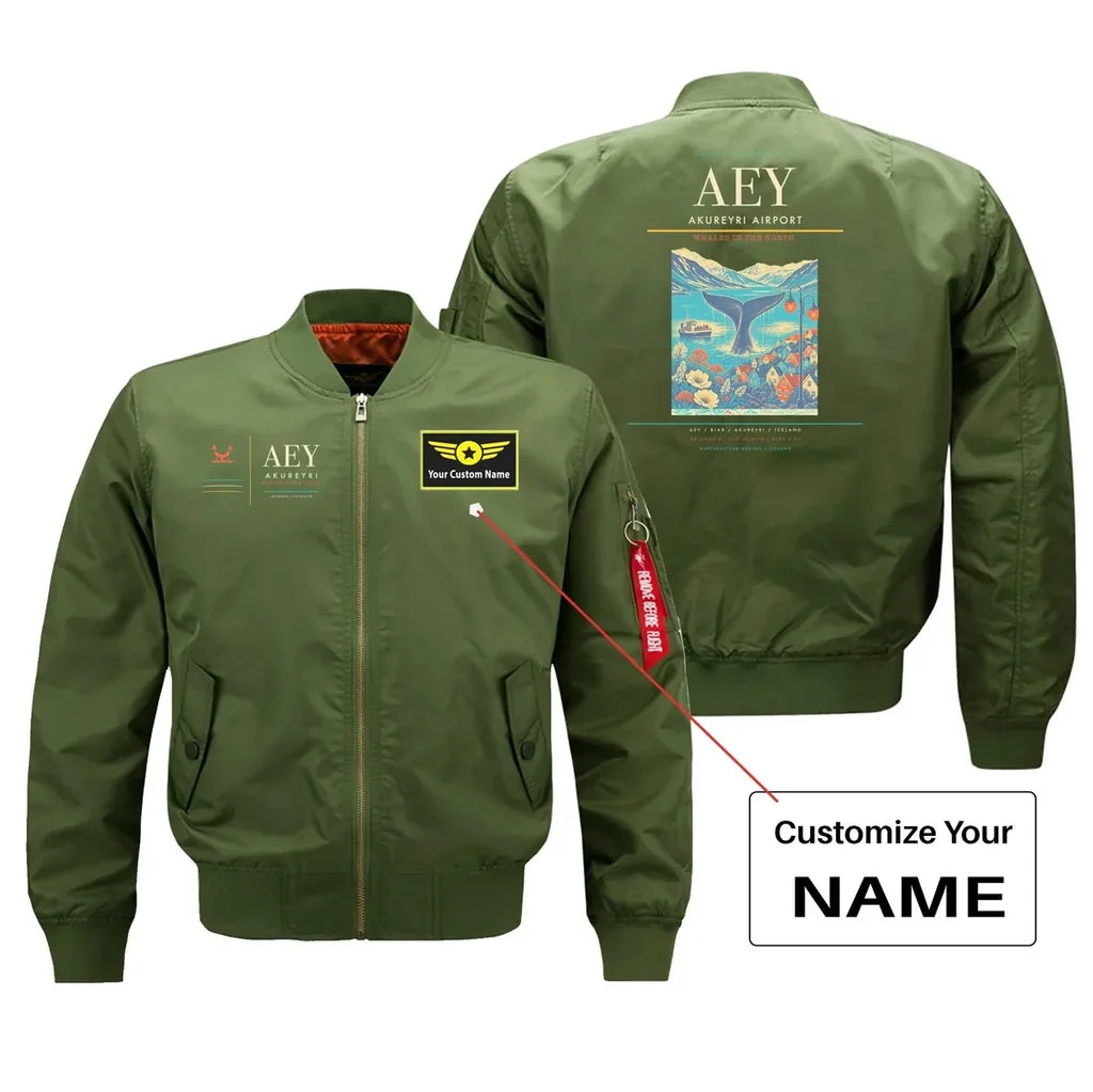 Akureyri Airport (AEY) design on green bomber jacket with custom name patch