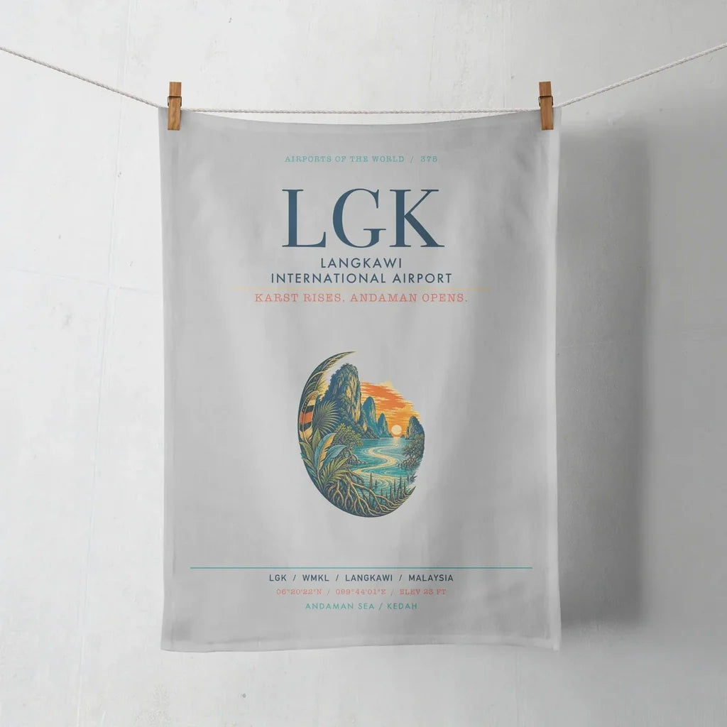 Langkawi International Airport (LGK) design on light gray towel