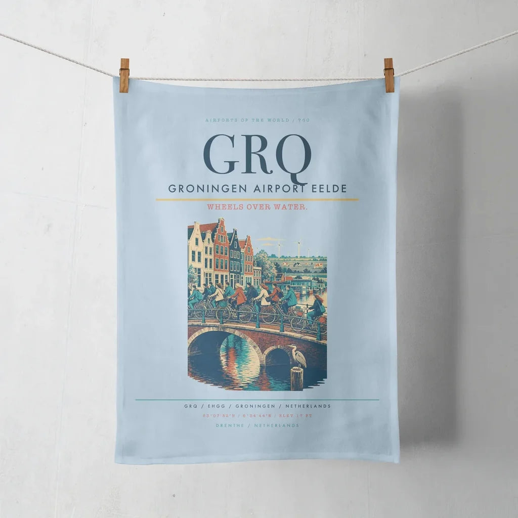Groningen Airport Eelde (GRQ) design on light blue towel