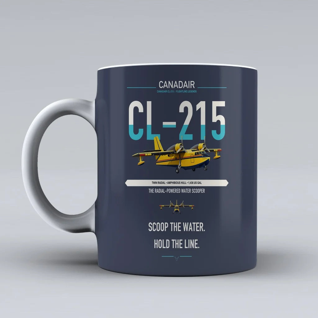 Canadair CL-215 design on dark blue ceramic mug, double-side print