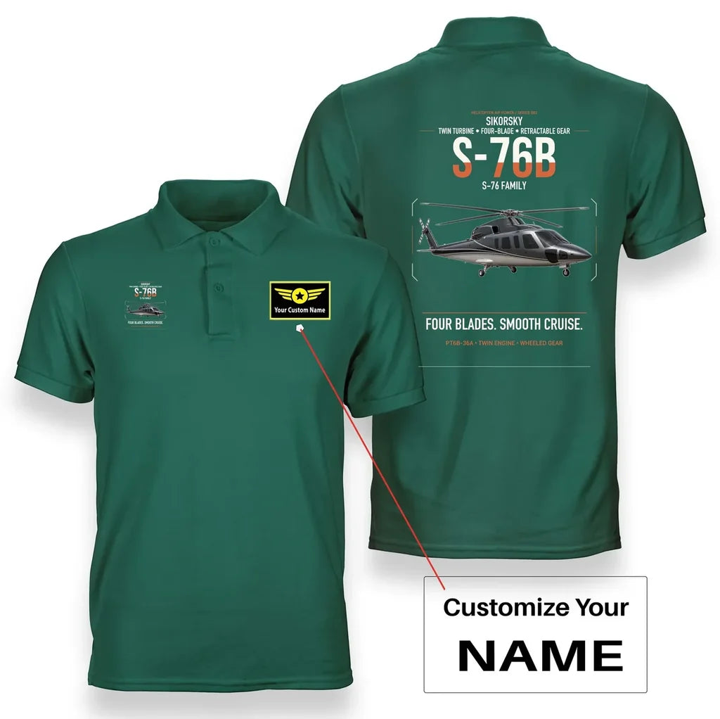 Sikorsky S-76B design on green+name double-side polo t-shirt, double-side print