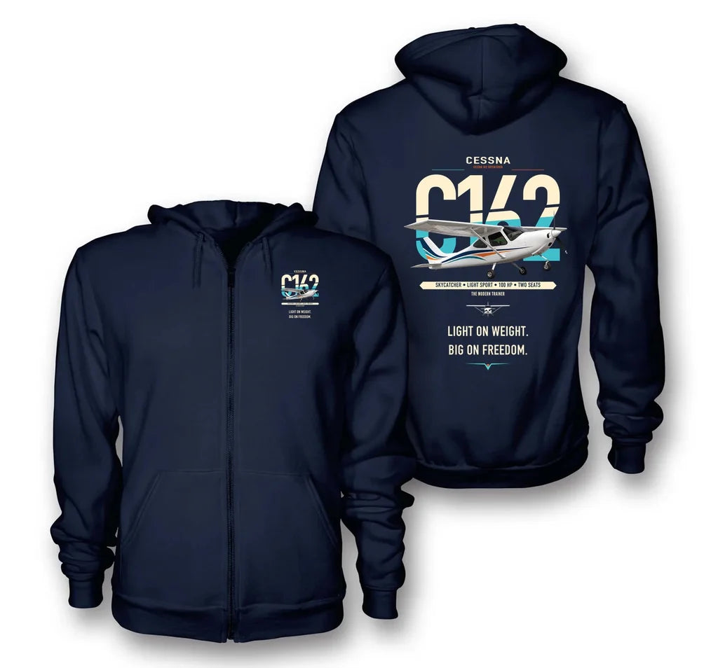 Cessna 162 Skycatcher design on navy blue premium zipped hoodie, double-side print