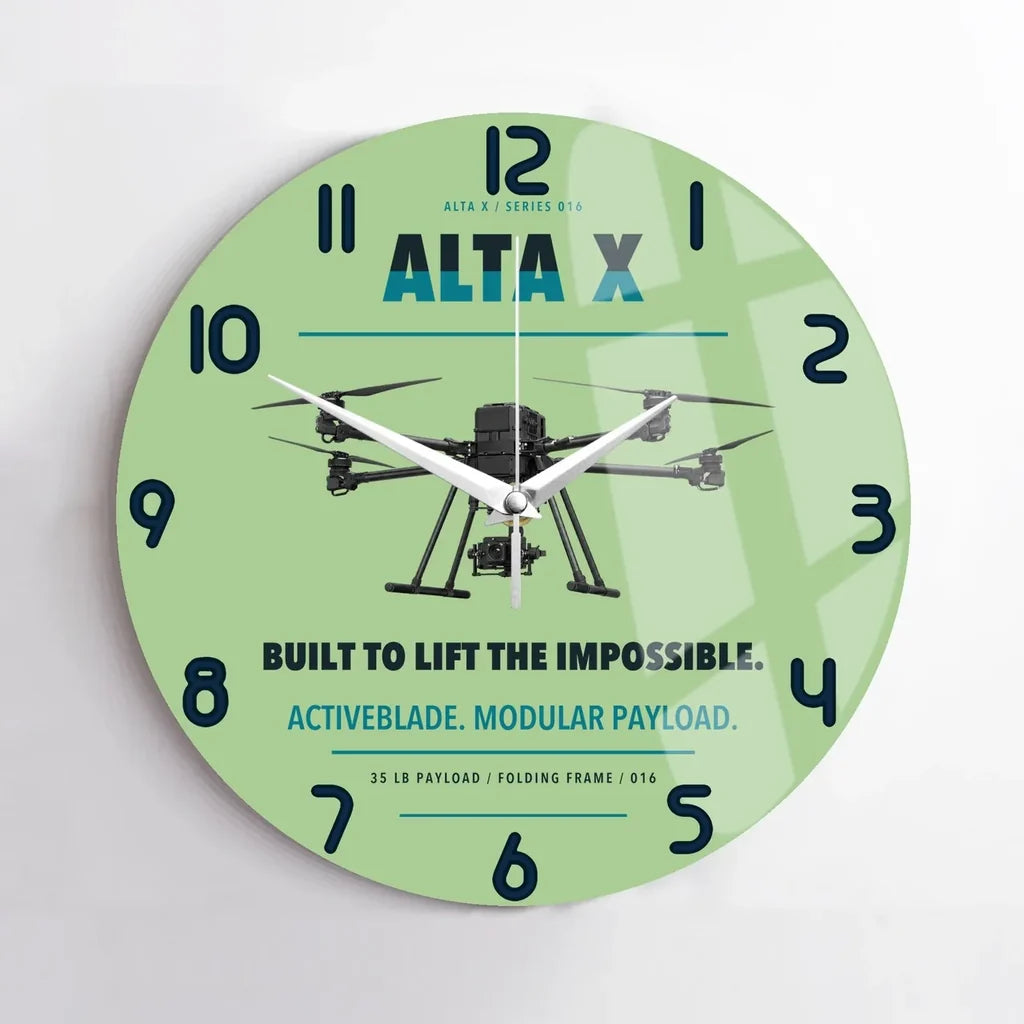 Freefly Alta X design on light green no frame wall clock