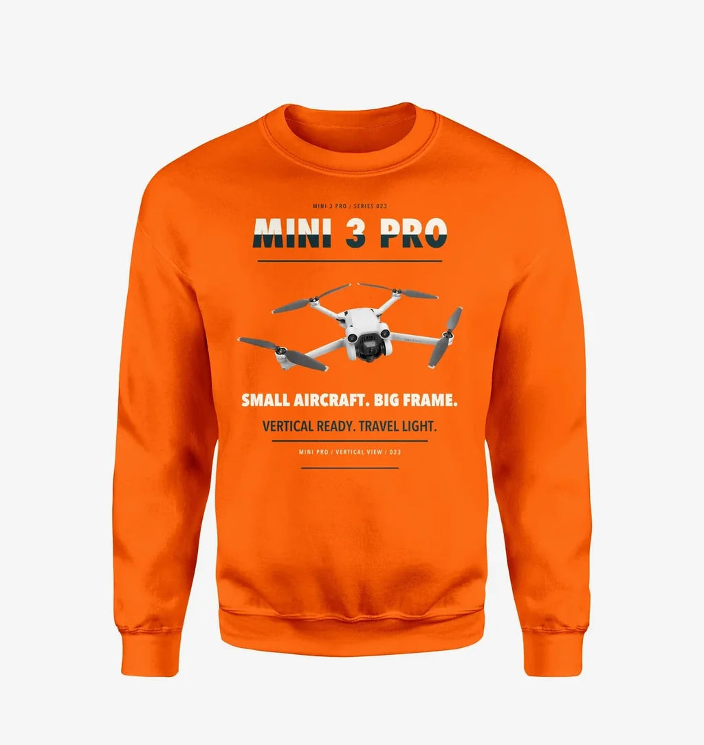 DJI Mini 3 Pro design on orange sweatshirt