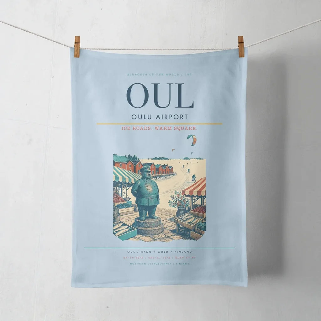 Oulu Airport (OUL) design on light blue towel