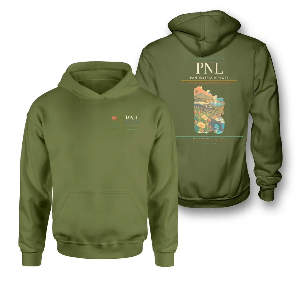 Pantelleria Airport (PNL) design on green army double-side hoodie