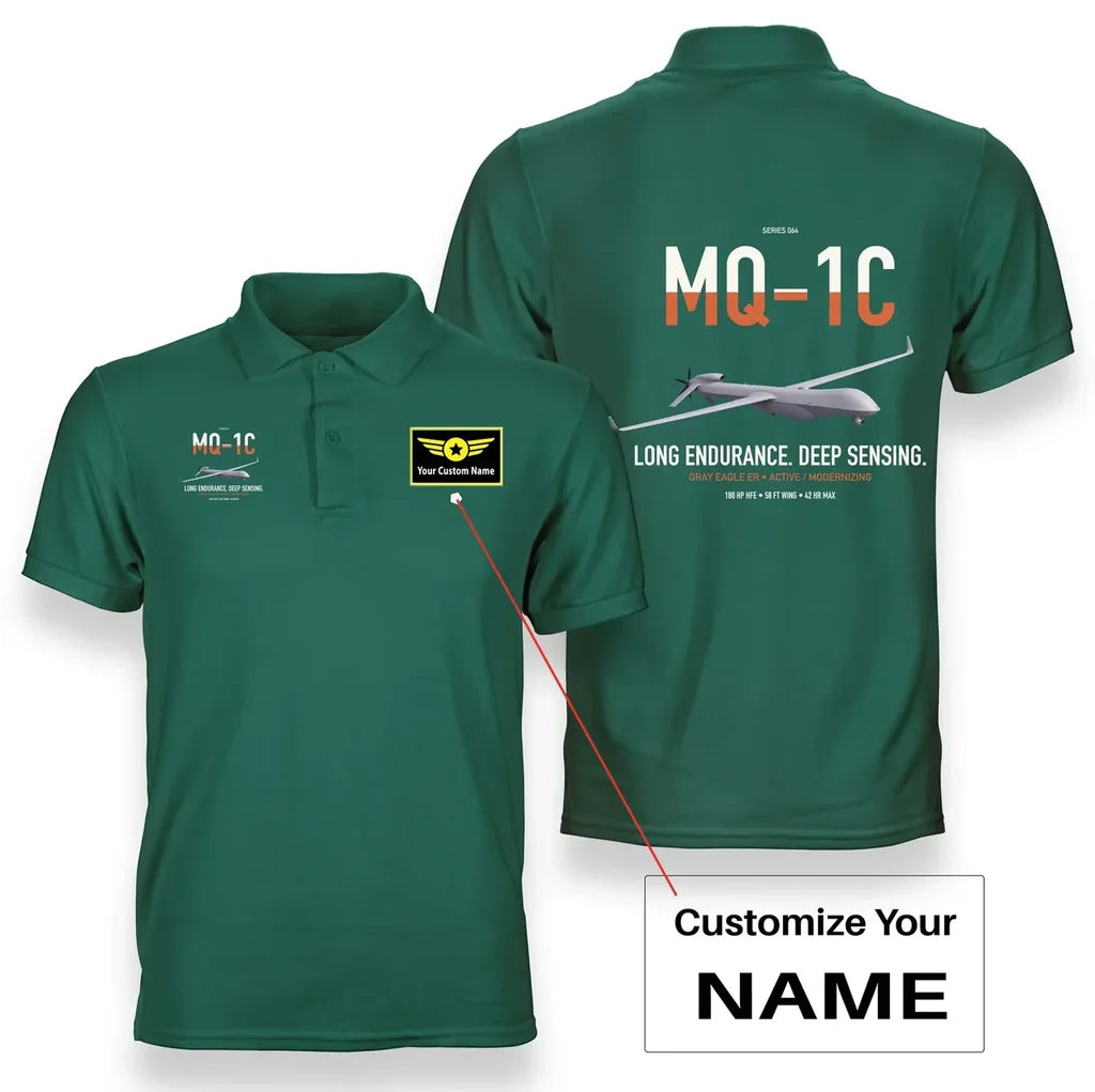 MQ-1C Gray Eagle ER design on green+name double-side polo t-shirt, double-side print
