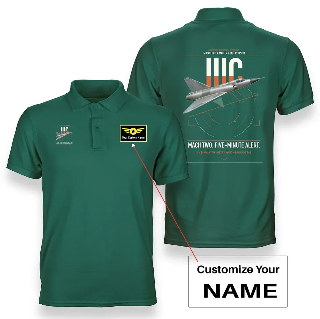 Dassault Mirage IIIC design on green+name double-side polo t-shirt, double-side print