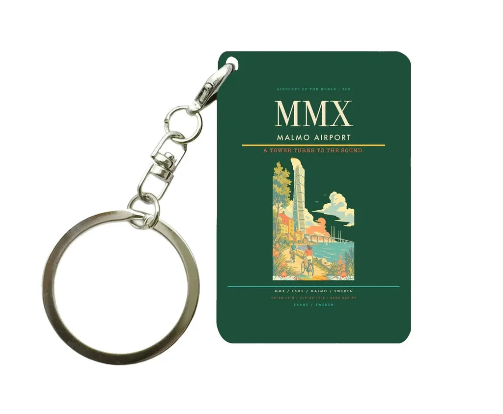 Malmo Airport (MMX) design on dark green key chain