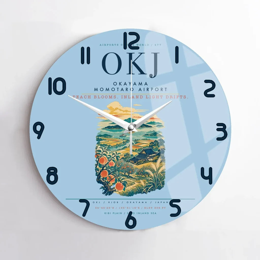 Okayama Momotaro Airport (OKJ) design on light blue no frame wall clock