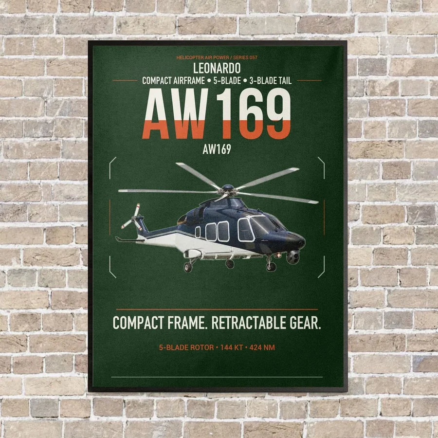 Leonardo AW169 vertical canvas print - framed - dark green background
