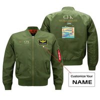 Thumbnail for Grand Forks International Airport (GFK) design on green bomber jacket with custom name patch
