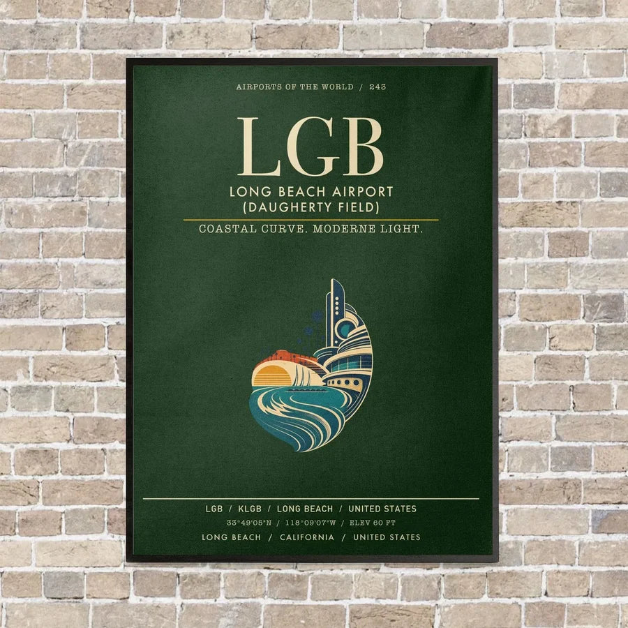 Long Beach Airport (Daugherty Field) LGB vertical canvas print - framed - dark green background
