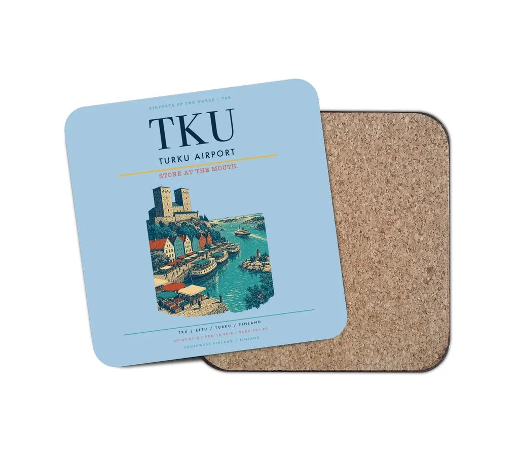 Turku Airport (TKU) design on light blue 1 piece coaster