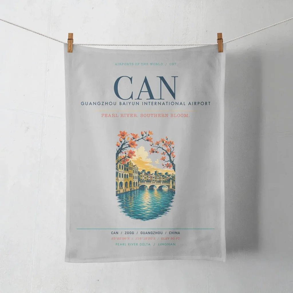 Guangzhou Baiyun International Airport (CAN) design on light gray towel