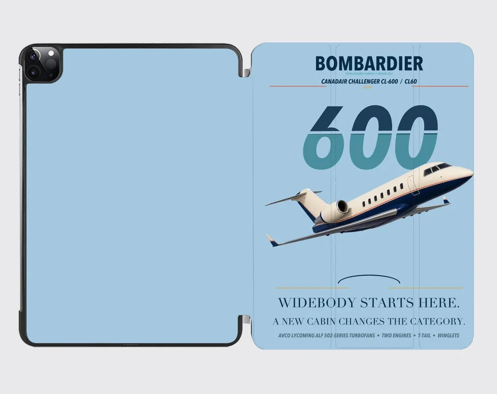 Bombardier Challenger 600 design on light blue ipad tablet case