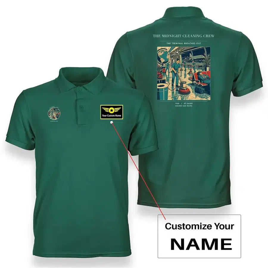 VINTAGE G4378 - The Midnight Cleaning Crew - Double-Side Polo T-Shirt design on green+name