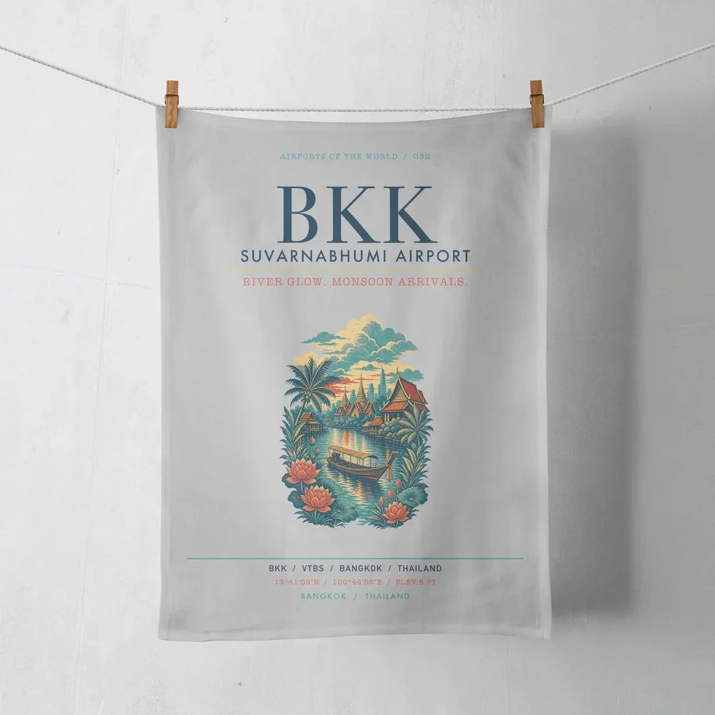 Bangkok Suvarnabhumi Airport (BKK) design on light gray towel
