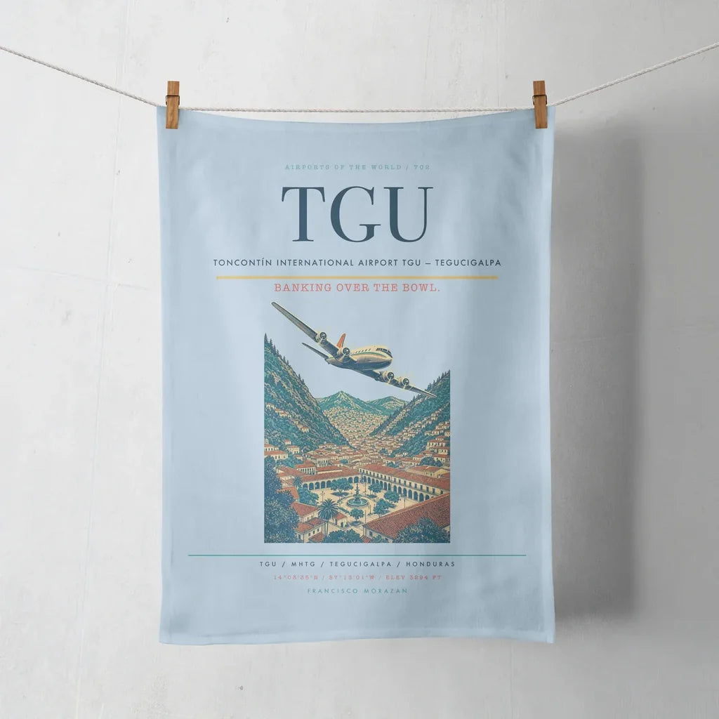 Toncontín International Airport (TGU) design on light blue towel