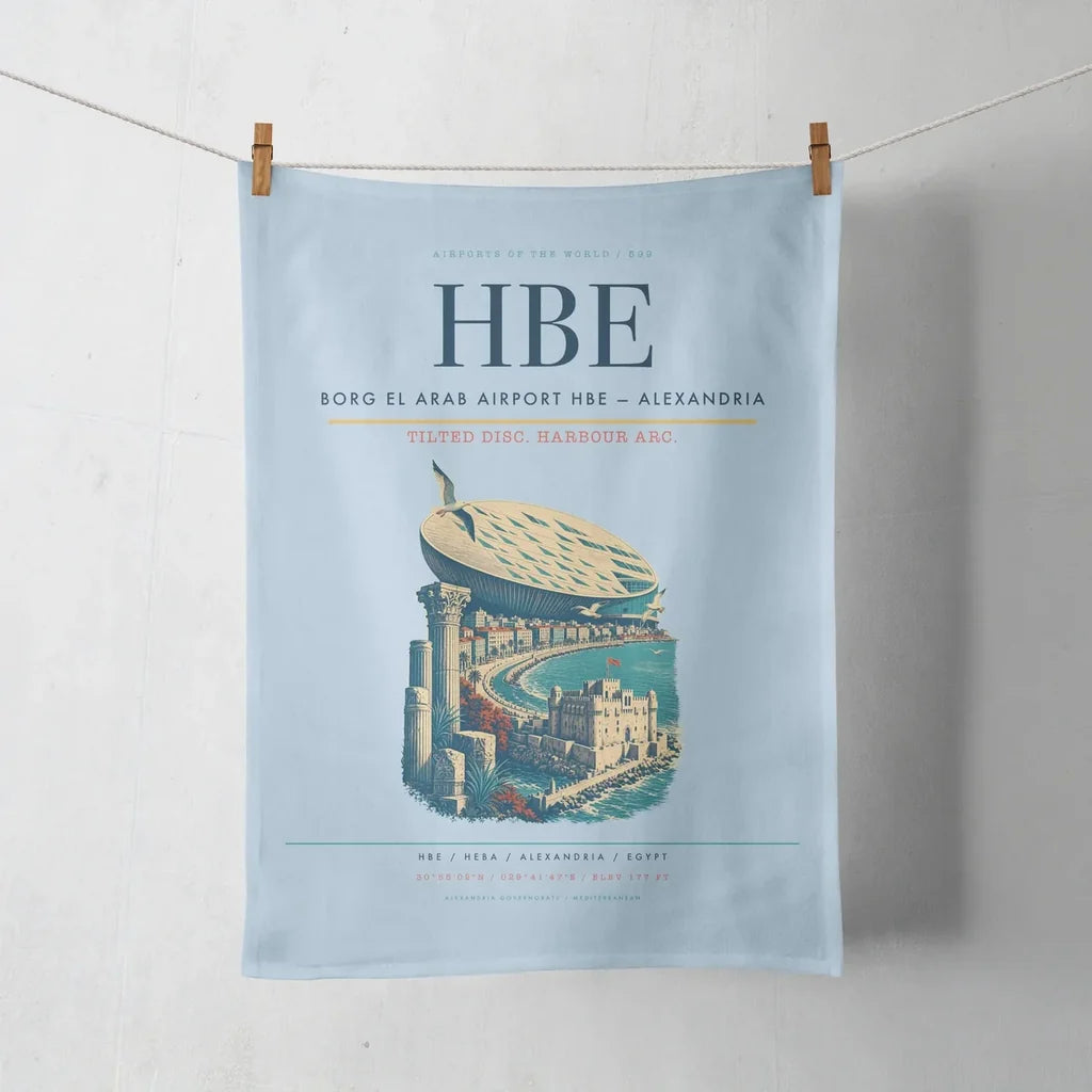 Borg El Arab Airport (HBE) design on light blue towel