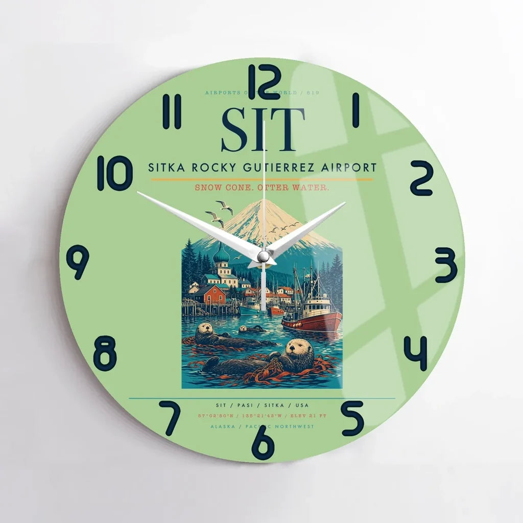 Sitka Rocky Gutierrez Airport (SIT) design on light green no frame wall clock