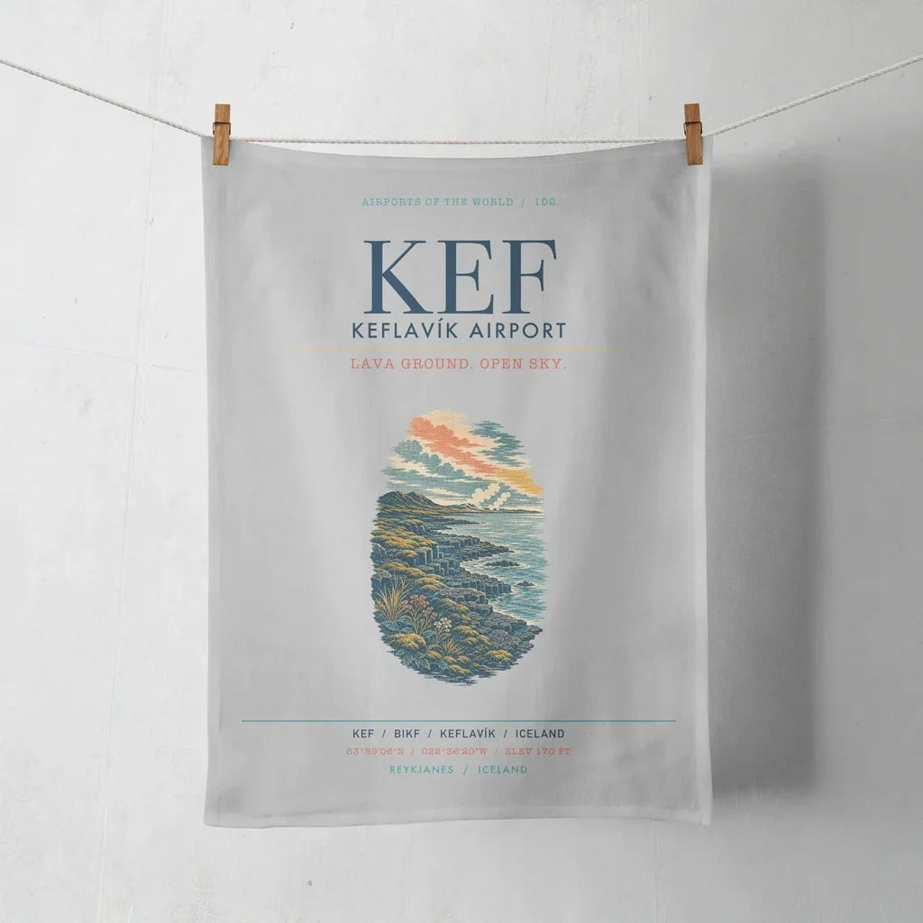 Keflavík Airport (KEF) design on light gray towel