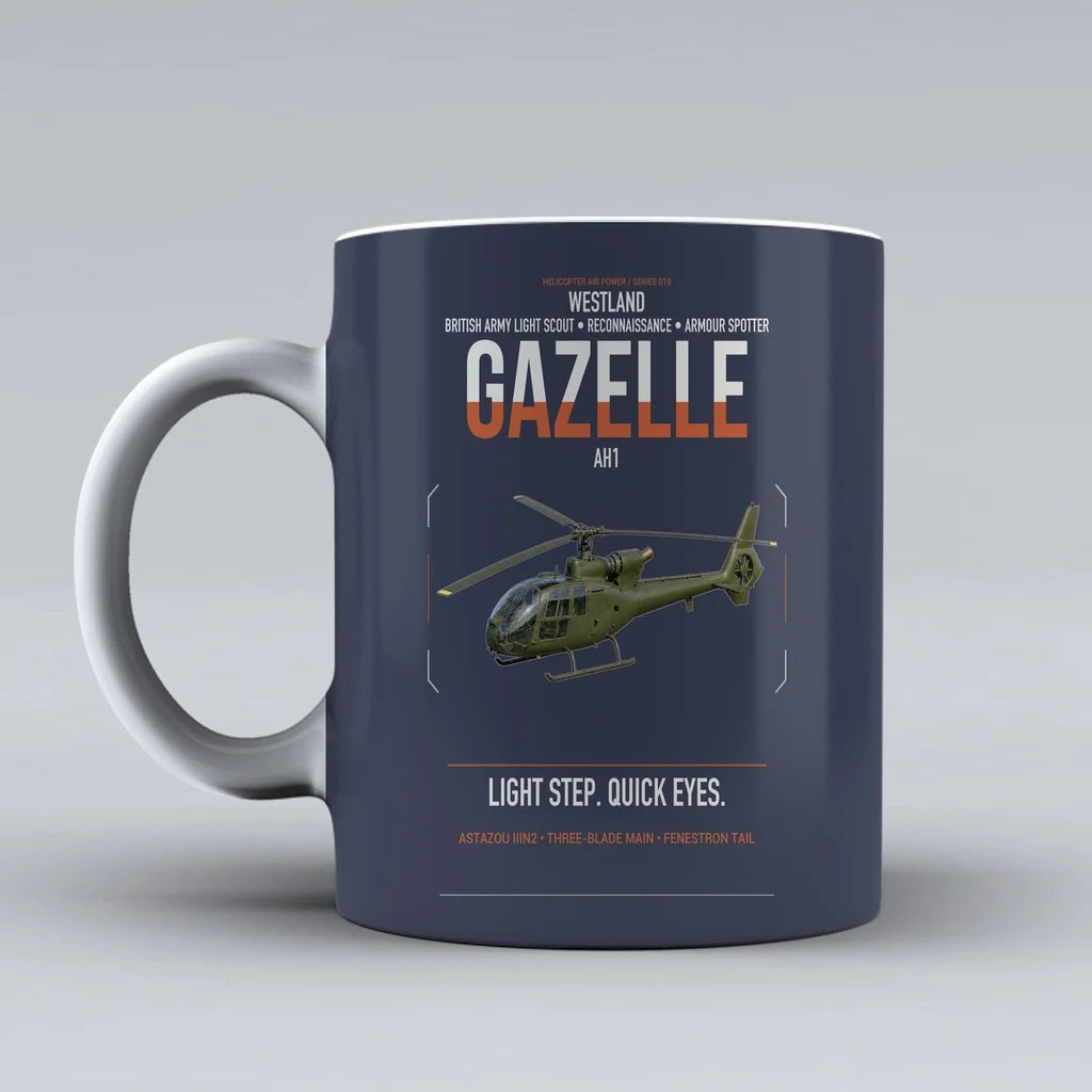 Westland Gazelle AH1 design on dark blue ceramic mug, double-side print