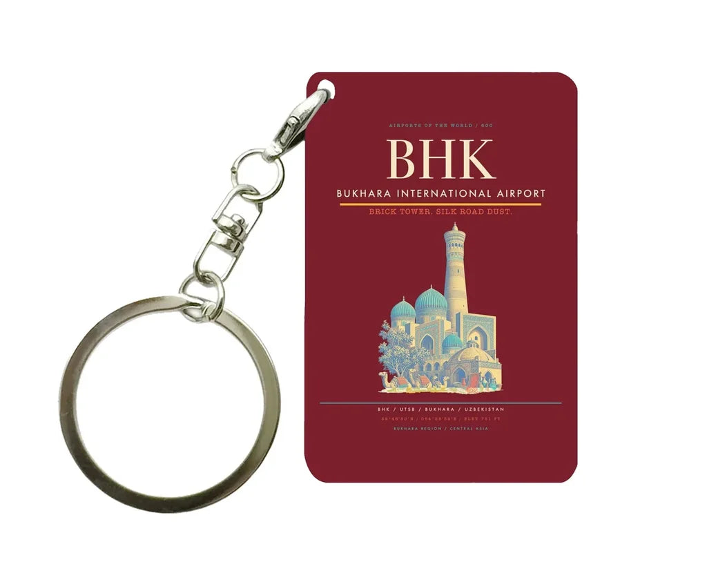 Bukhara International Airport BHK Key Chain design on dark red key chain