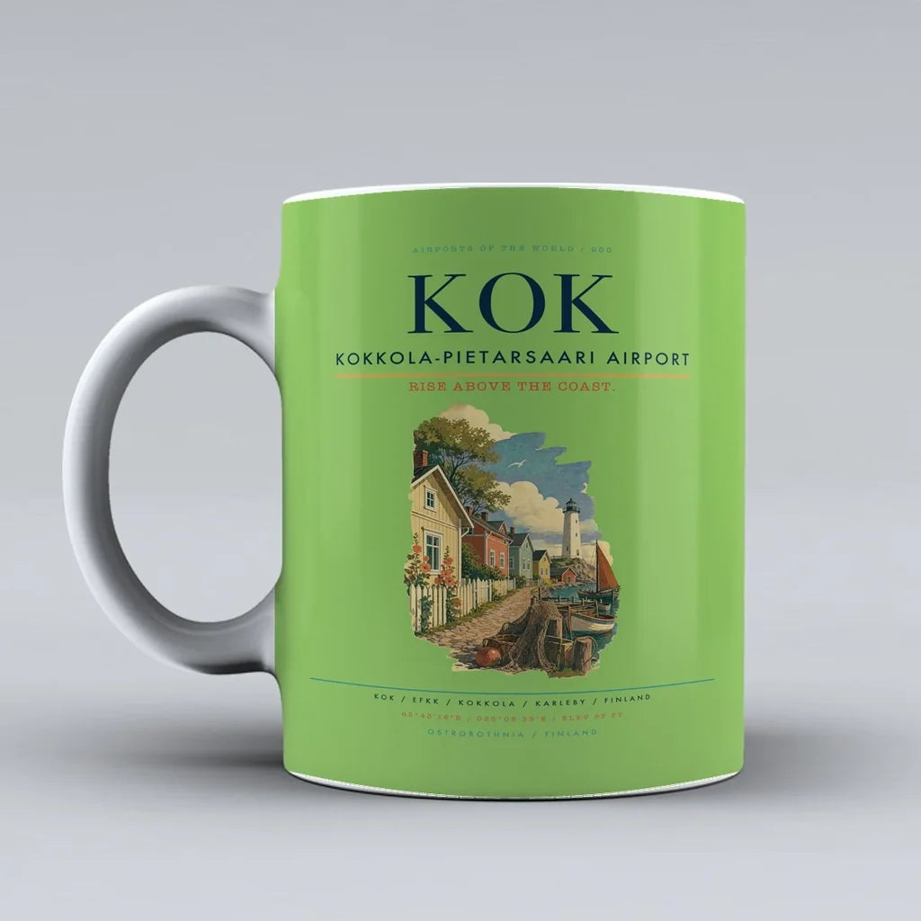 Kokkola-Pietarsaari Airport (KOK) airport code design on light green ceramic mug