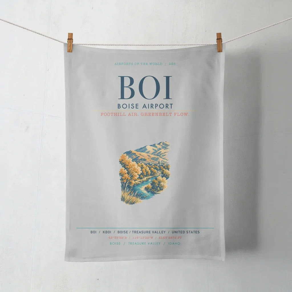 Boise Airport (BOI) design on light gray towel