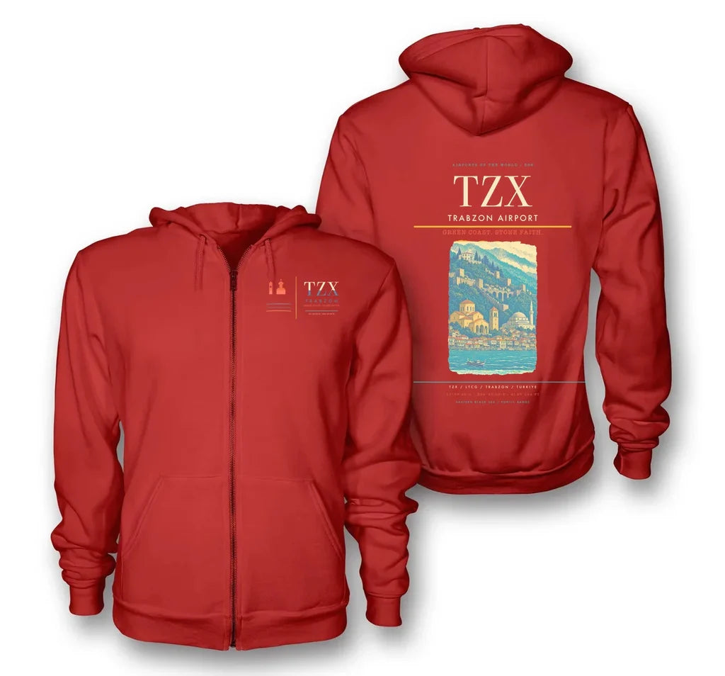 Trabzon Airport (TZX) design on red premium zipped hoodie