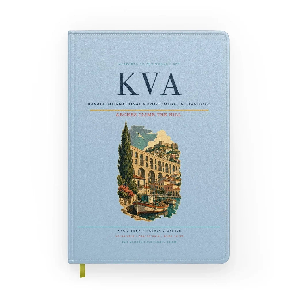 Kavala International Airport Megas Alexandros (KVA) design on light blue notebook
