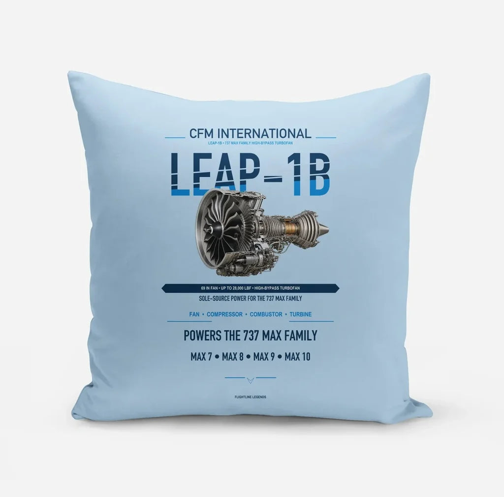 CFM LEAP-1B design on light blue pillow