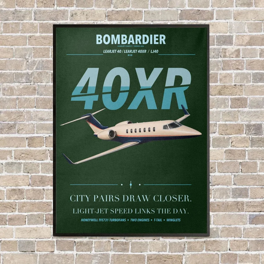 Bombardier Learjet 40XR vertical canvas print - framed - dark green background