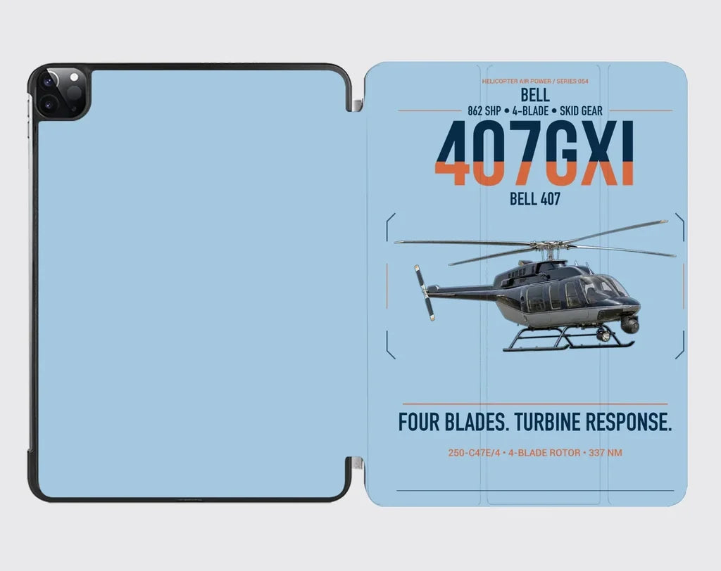 Bell 407GXi design on light blue ipad tablet case