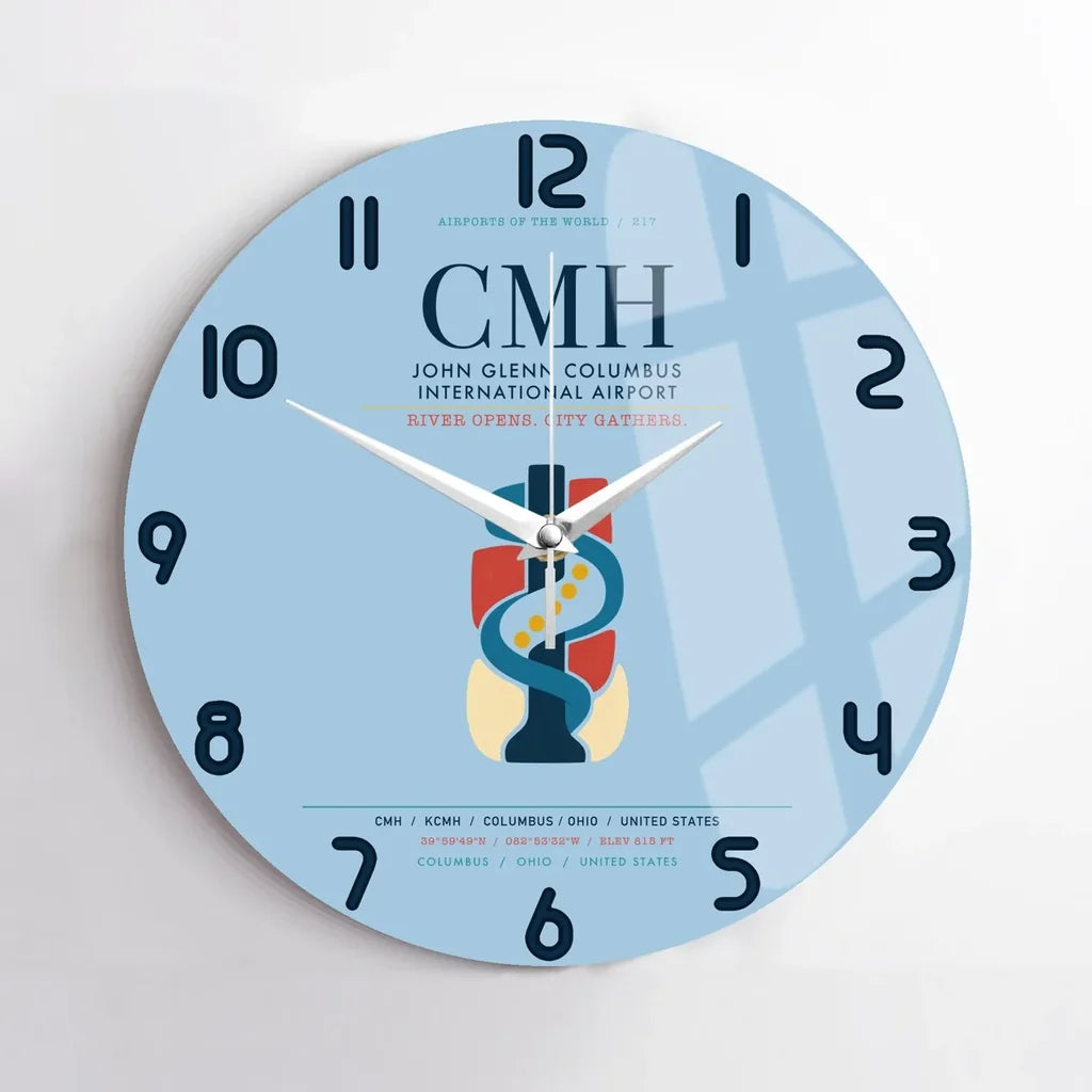 John Glenn Columbus International Airport (CMH) design on light blue no frame wall clock