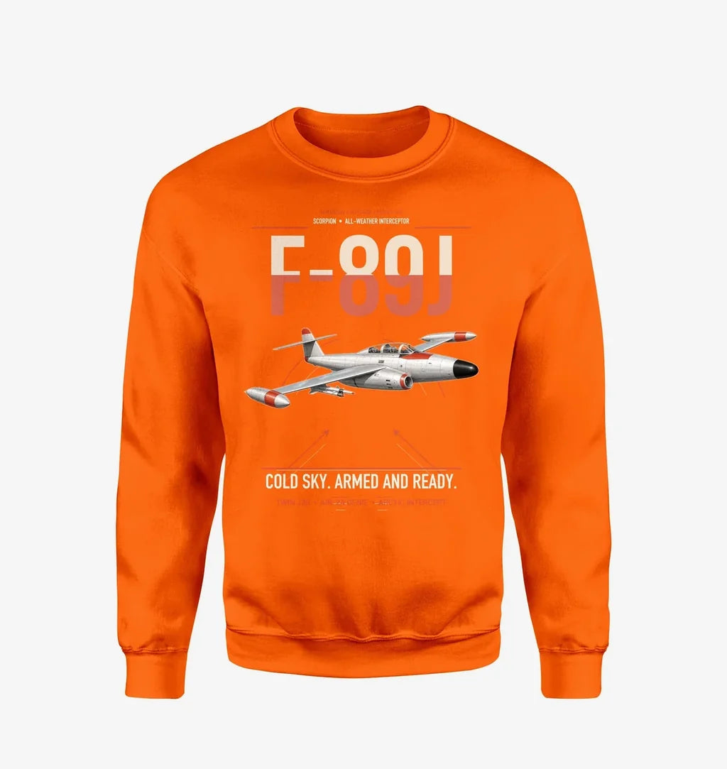 F-89J Scorpion design on orange sweatshirt