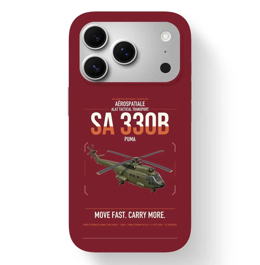 Aérospatiale SA 330B Puma design on dark red magsafe iphone case, for iPhone 17 Pro