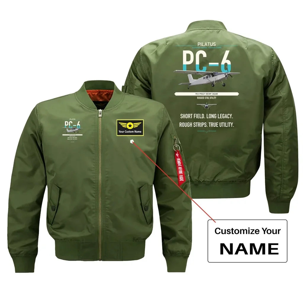 Pilatus PC-6 Porter design on green+name bomber jacket, double-side print