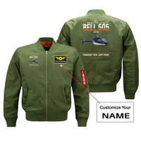 Thumbnail for Bell 505 design on green+name bomber jacket, double-side print