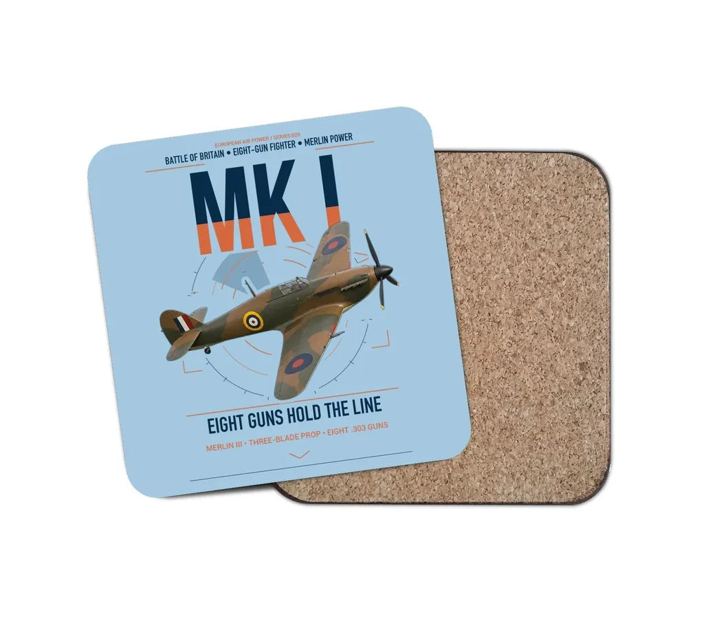 Hawker Hurricane Mk I design on light blue 1 piece coaster