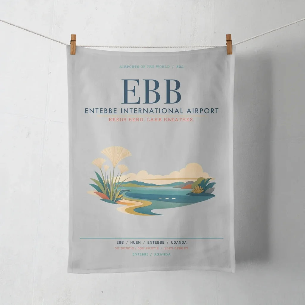 Entebbe International Airport (EBB) design on light gray towel