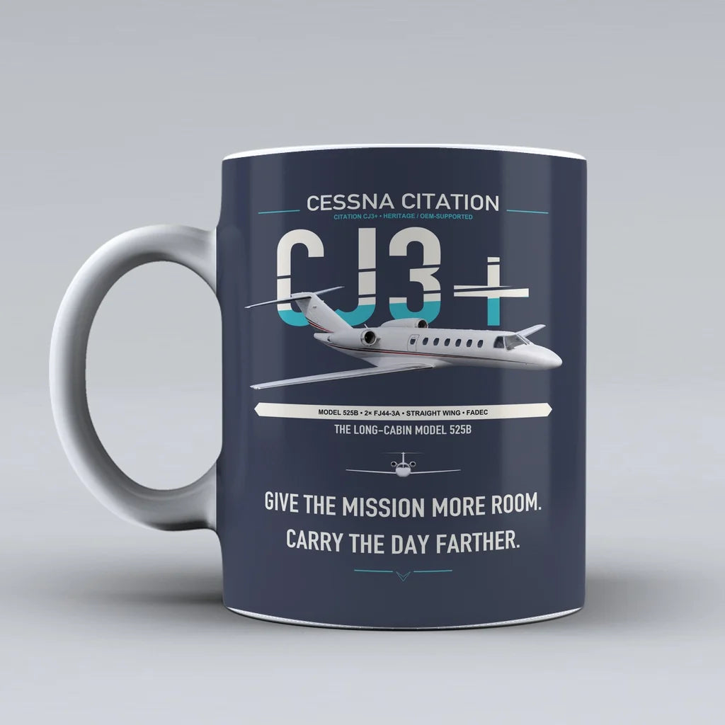 Cessna Citation CJ3+ design on dark blue ceramic mug, double-side print
