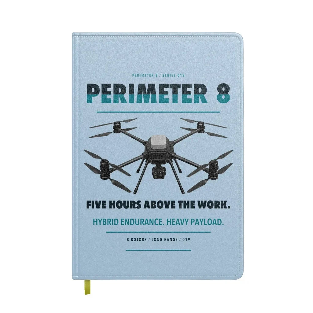 Skyfront Perimeter 8 design on light blue notebook