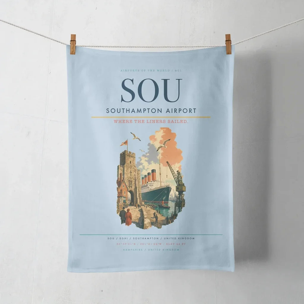 Southampton Airport (SOU) design on light blue towel