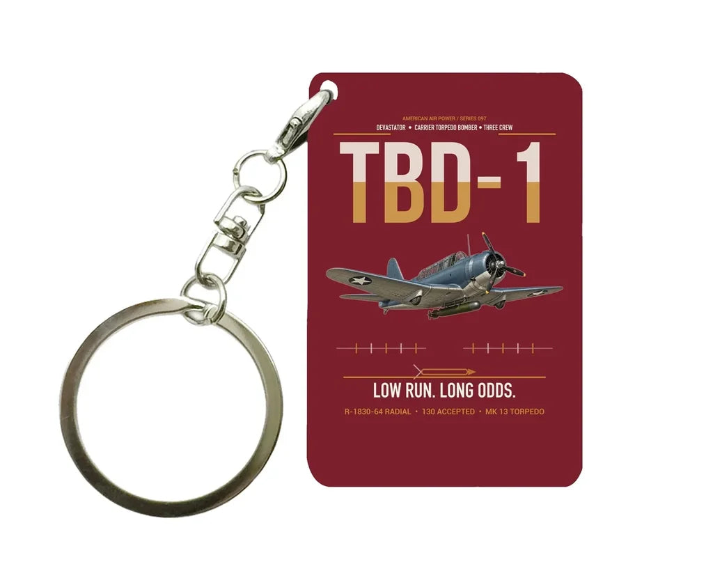 TBD-1 Devastator design on dark red designed key chain, double-side print