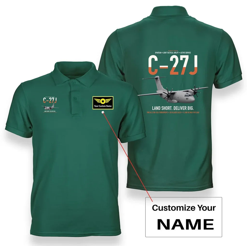 C-27J Spartan design on green+name double-side polo t-shirt, double-side print