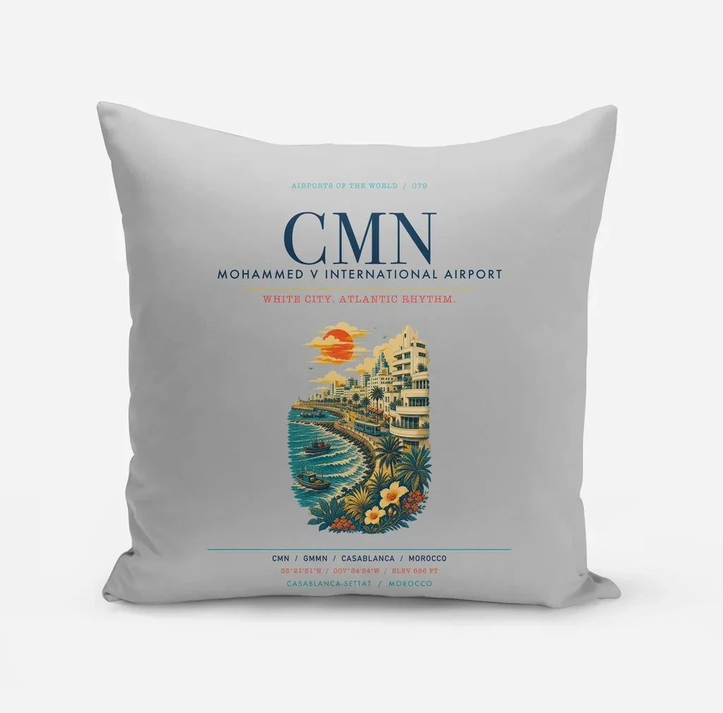 Casablanca Mohammed V International Airport (CMN) design on light gray pillow