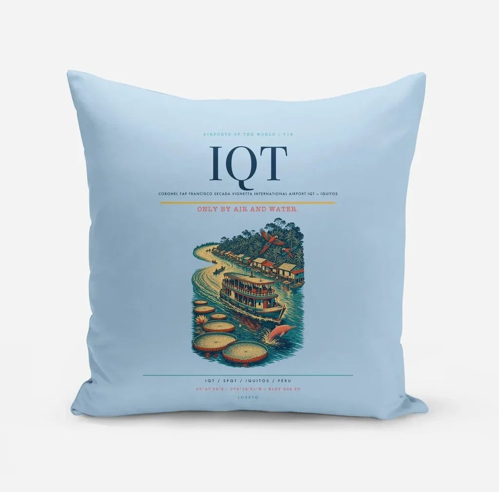 Coronel FAP Francisco Secada Vignetta International Airport (IQT) design on light blue pillow