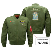 Thumbnail for Lhasa Gonggar International Airport (LXA) design on green bomber jacket with custom name patch